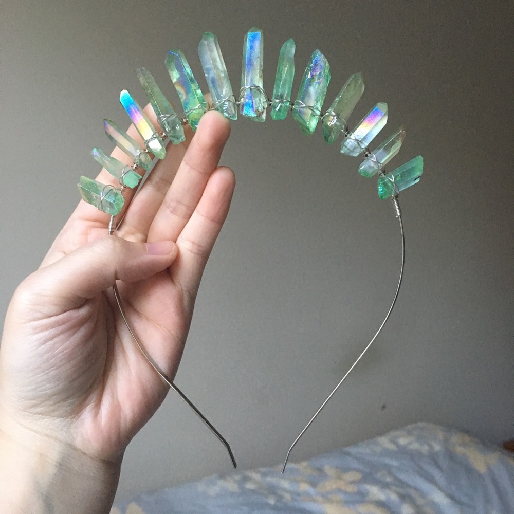 Pale Green Iridescent Aura Crystal Tiara Crown